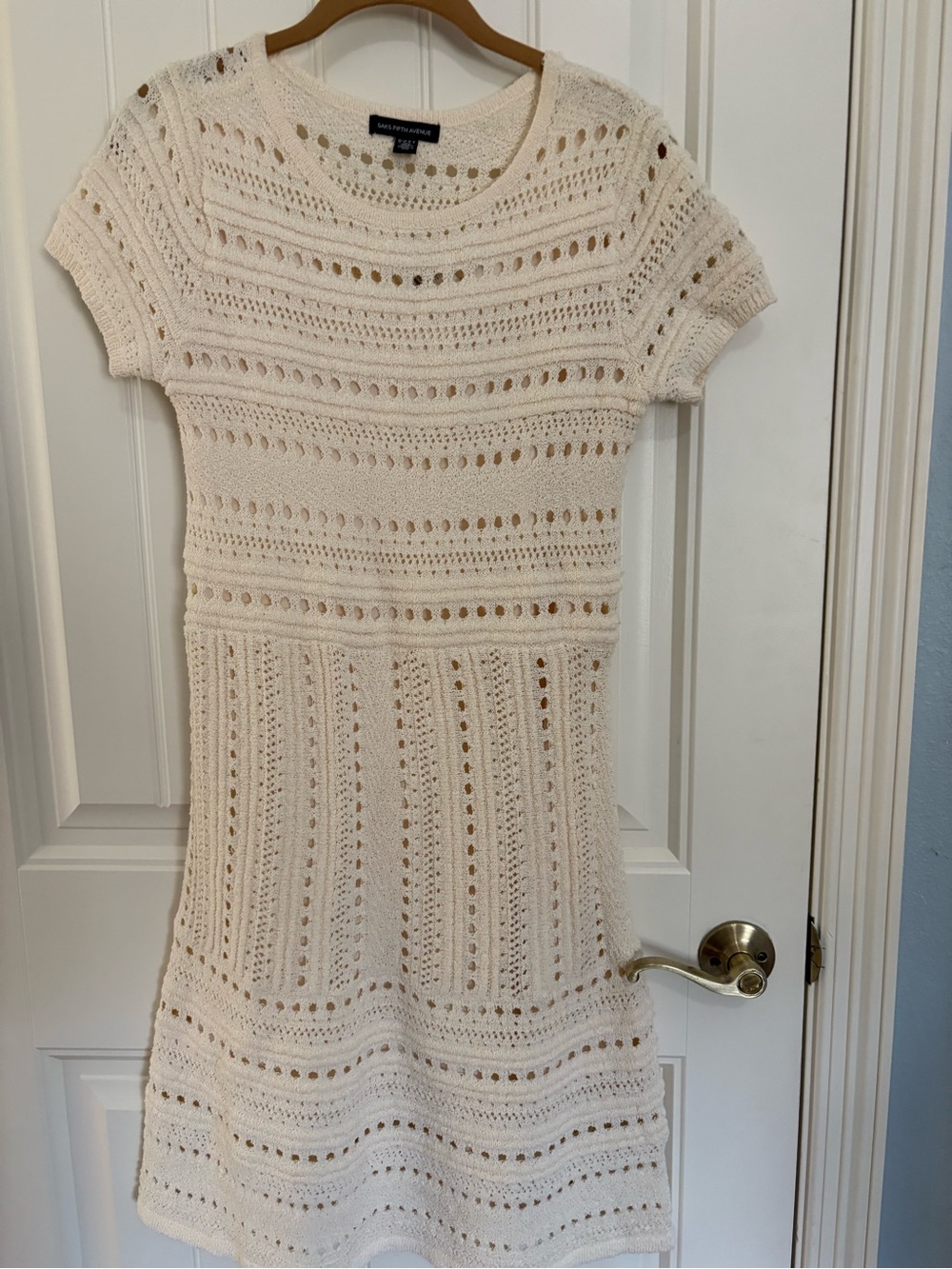 Saks Fifth Avenue Cream Crochet Knit Short Sleeve Dress